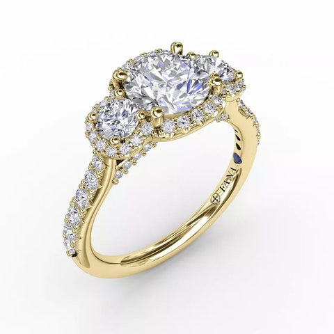 FANA Three-Stone Round Diamond Halo Engagement Ring Setting