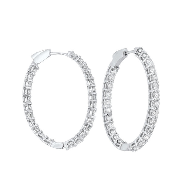 14K White Gold Prong Inside Outside Oval Shaped Diamond Hoop Earrings 5CTW