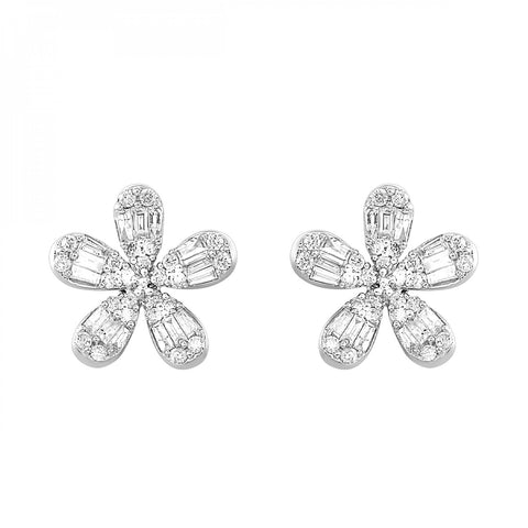 10K White Gold Flower Diamond Cluster Stud Earring (0.50CTW)
