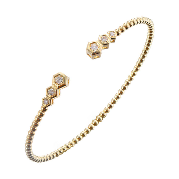 14K Yellow Gold Beaded Cuff Hexagon Diamond Bangle (0.25CTW)