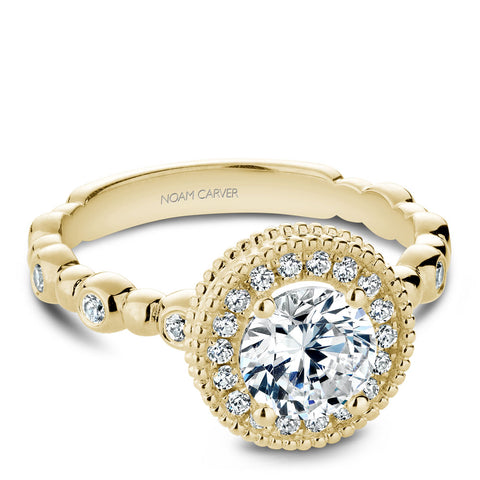 Noam Carver Yellow Gold Bezel Set Diamond Shank Engagement Ring Setting with Halo and Milgrain (0.27 CTW)