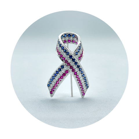 Estate 18K White Gold Diamond, Sapphire & Ruby Liberty Ribbon Pin